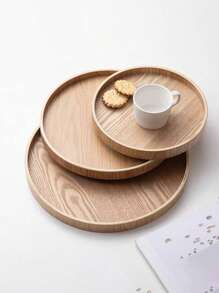 1pc Minimalist Style Wooden Tray, Tea Tray, Storage Tray,Kitchen, Round Fruit Tray - Khaki - View 1