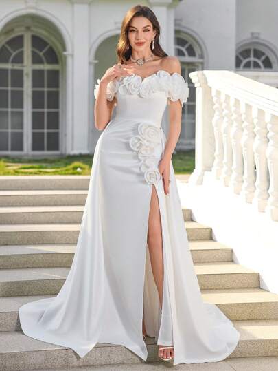  UNITHORSE 1pc Off-Shoulder Volumized Sleeve Cinched Waist Minimalist A-Line Wedding Dress, Wedding Silk Satin Dress With 3D Flower , All White Party Outfit Women