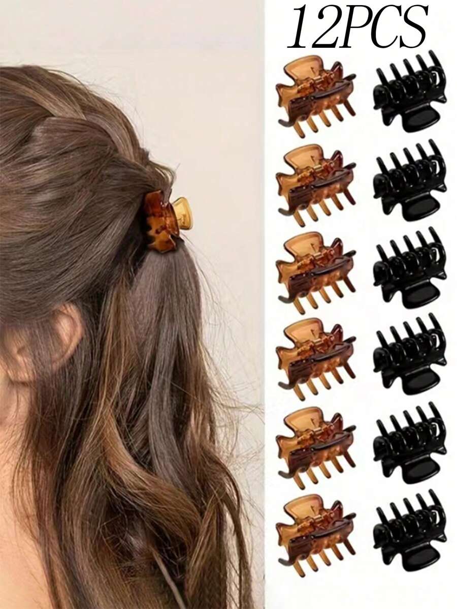 12 piezas de clips y pasadores de pelo pequeños y sencillos para mujer, de forma cuadrada, todo a juego en negro y marrón, accesorios de pelo mini para uso diario, pinzas de pelo, pinzas de agarre, pinzas de mandíbula, pinzas de pelo, clips de pelo, para looks casuales de otoño e invierno y vacaciones