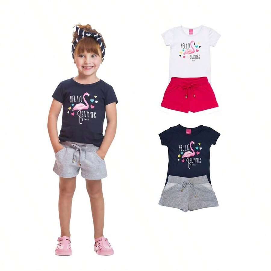 Conjunto Infantil Menina Verão Camisa Flamingo e Shorts