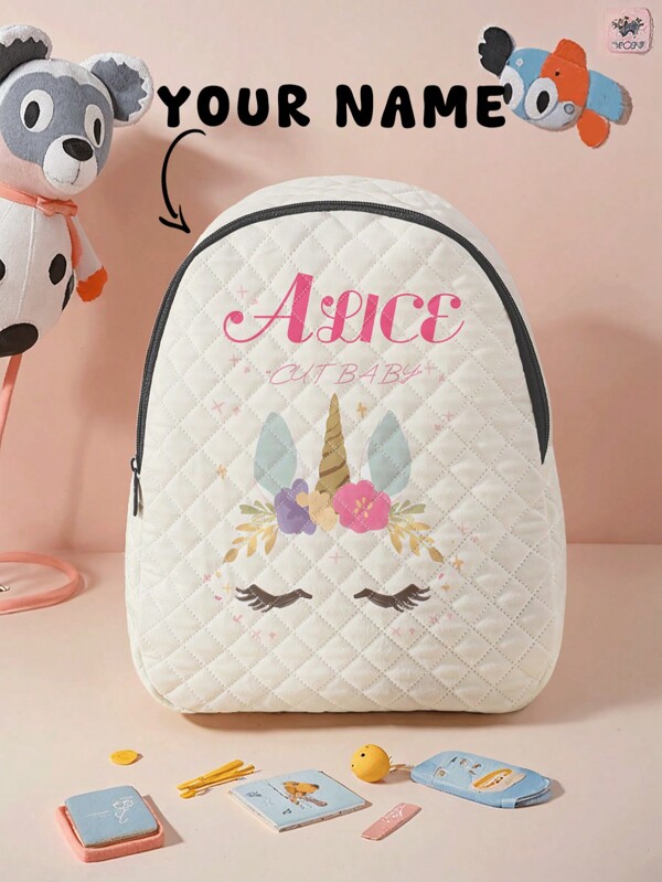 1pc Mochila xadrez personalizada com estampa de unicórnio fofo, pode ser personalizada de acordo com seu design exclusivo, adequada para crianças e adolescentes, imprima seu próprio nome ou imprima os nomes de sua irmã e colegas de classe como presentes