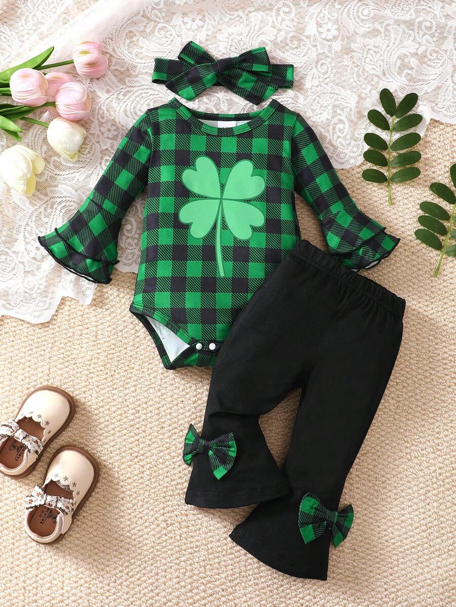 BrownBark Bộ trang phục ngày lễ Thánh Patrick cho bé gái 2 món, áo dài tay in hình cỏ ba lá dễ thương + quần ống loe, loạt trang phục ngày lễ - màu xanh lá - Xem 1