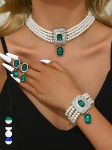 4pcs Set Luxury Exaggerated Multilayer Faux Pearl, Crystal & Rhinestone Embellished Necklace, Earrings, Bracelet Set, Suitable For Women Wedding, Party, Holiday Gift - Multicolor - View 11