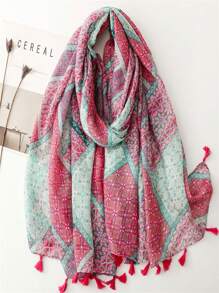 优雅简约丝巾，时尚女士真丝围巾，色彩鲜艳的印花大披肩，波西米亚风沙滩披肩，亚麻质感女士披肩，春夏款 - 彩色 - 查看 10