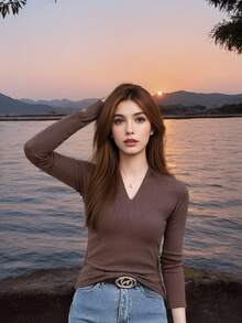 Solid Simple T-shirt, Casual V Neck Long Sleeve T-shirt For Spring & Fall, Women's Clothing - Café integral - Ver 11