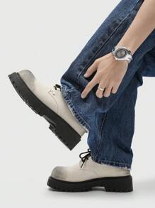 Chaussures derby à bout rond noires pour hommes, chaussures habillées décontractées à semelle épaisse de haute qualité, coupe large au look usé, en denim lavé à l'eau, confortables, avec une semelle extérieure en caoutchouc antidérapante et