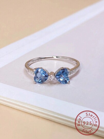 1pc Creative S925 Sterling Silver Bow With Aqua Cubic Zirconia Ring, Elegant & Simple Design, Suitable For Girls/Girl's Daily Wear, Holiday, Party, Jewelry Gift