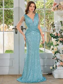 女士迷人链条装饰亮片美人鱼尾长款晚礼服、派对礼服、婚礼宾客礼服、正式礼服、长袍