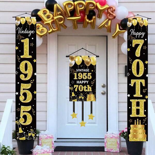 3 Stücke 70. Geburtstag Party Veranda Banner, Polyestermaterial mit 1955 Schwarz Gold Kuchen Feuerwerk Feier Muster, geeignet für Party Dekoration Innen Außen Zuhause Wohnzimmer Wandbehang