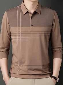 (La talla china es relativamente pequeña, si usualmente usa la talla M europea, elegir la talla XL tendrá un efecto estilizante. Las recomendaciones para personas con sobrepeso son 2XL, 3XL.) Camisas polo de manga larga a rayas con cuello para el otoño y el invierno - Camel - Ver 2