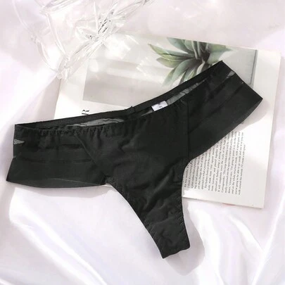 1 pieza Lencería sexy negra Tanga de seda de hielo sin costuras de cintura baja Bragas sexys de mujer con borde de encaje a rayas