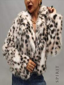 SPIRIT Abrigo de peluche para mujer elegante con solapa y dos broches de gancho al frente, finamente forrado con imitación de pelo natural mink, color blanco con gris estilo leopardo, para temporada de otoño/invierno, ideal para fiestas o de manera casual, moda chic. Talla Chica/Mediana y Grande/Extragrande - Multicolor - Ver 3