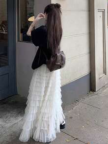 高腰A字形薄纱蛋糕裙，设计风格迷人中长薄纱裙，甜美仙女裙 - 白色 - 查看 4