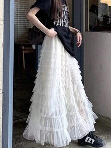 高腰A字形薄纱蛋糕裙，设计风格迷人中长薄纱裙，甜美仙女裙 - 白色 - 查看 3