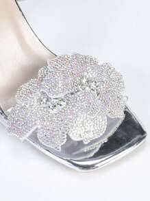 planare Women's Summer Silver Chunky Heels Shining Floral Square Open Toe Lace-Up Leg-Tie Strappy Chunky Heeled Sandals Clear PU Strap Sparkle Glamourous Rhinestones Flower Decor - Silver - View 6