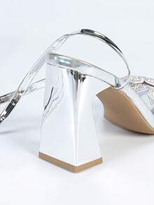 planare Women's Summer Silver Chunky Heels Shining Floral Square Open Toe Lace-Up Leg-Tie Strappy Chunky Heeled Sandals Clear PU Strap Sparkle Glamourous Rhinestones Flower Decor - Silver - View 8