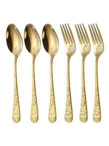 4/6/12pcs Stainless Steel 1010 Embossed Reusable Cutlery Set, Forks & Spoons, Suitable For Western Dishes, Pasta, Salad, Fruit, Cakes And Desserts, Ideal For Home, Afternoon Tea, Wedding, Picnic