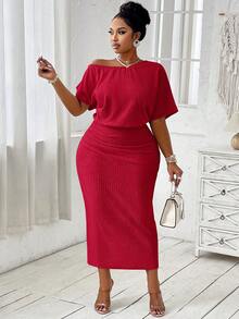BIUBIU Plus Size Solid Color Asymmetrical Shoulder Casual Dress - Red - View 6