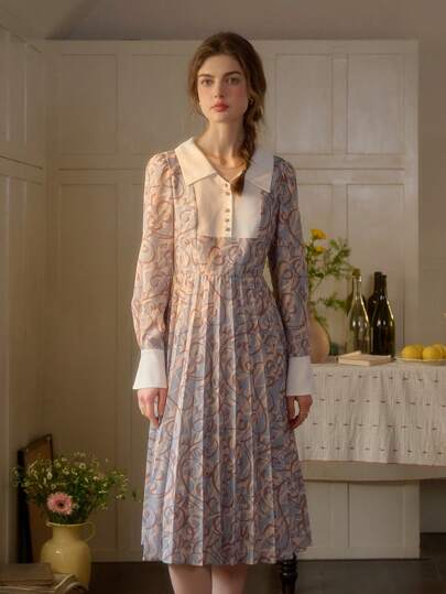 Simple Retro Women's Spring Peter Pan Collar Stitching, Contrasting All-Over Print, Elegant, Loose Casual Long Dress