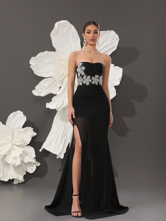 纯色超长绷带网眼亮片花卉鸡尾酒会礼服，性感修身优雅派对礼服，婚礼宾客礼服，正式礼服，晚礼服