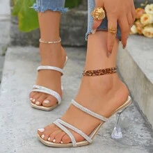 Women's New Arrivals Fashionable Sexy Summer Slip-On High Heel Sandals, Glitter Rhinestone Strap Sandals, Glamorous Crystal Wedge Platform Sandals, Round Toe Slip-On Rhinestone Sandals, Soft Padded Insole, Lightweight & Comfortable, 3.5" Slim Heel, Suitable For Summer/Casual/Outing/Party/Queuing - Gold - View 1