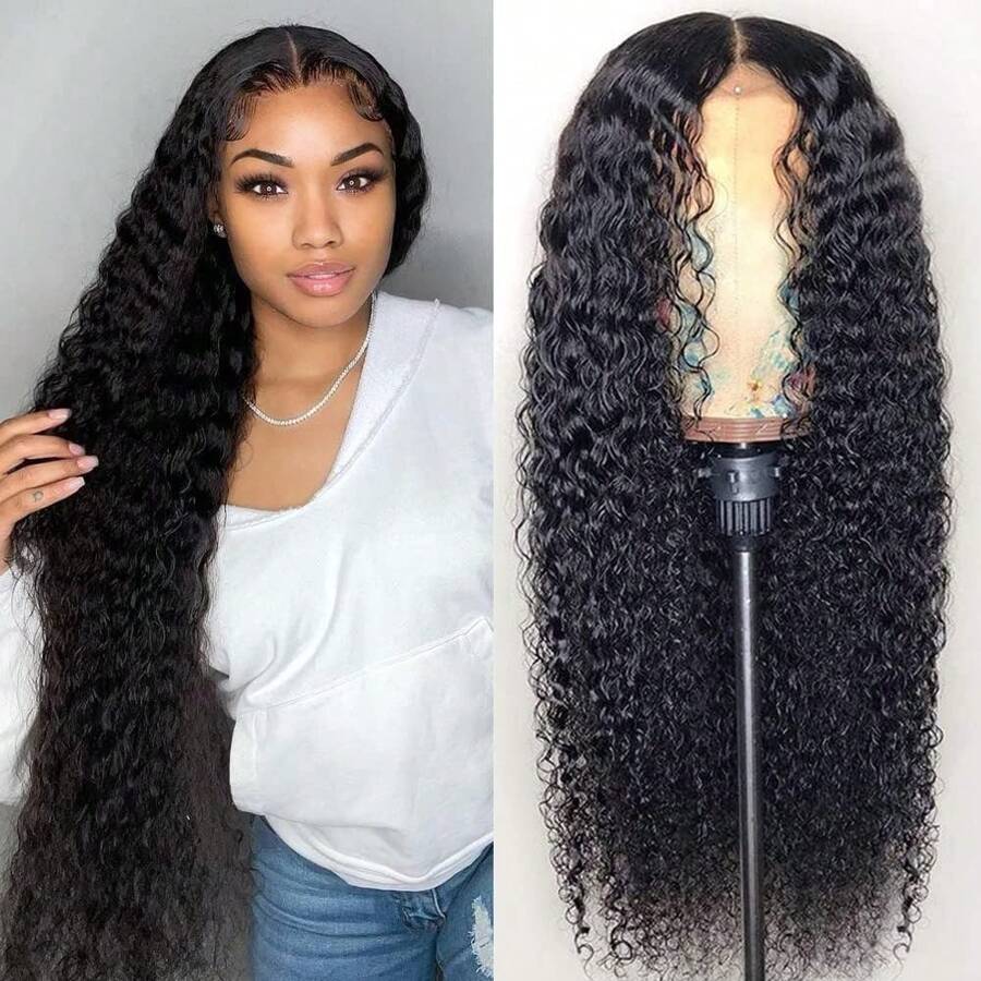 26Inch Long Curly Synthetic Wigs For Women13x4 Deep Water Wave Lace Front Wig  Natural Loose Deep Wave Crimps Curly Wig  For Women Holiday Festival Chrismas Daily Party Daily Used - 黑色 - 查看 1