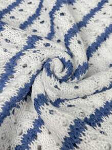 女士钩针编织条纹毛衣背心轻质圆领荷叶边盖袖上衣