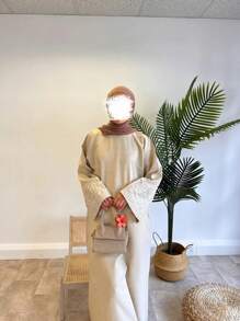 1 件朴素亚麻长袍配腰带，女式阿拉伯民族服装，纯色经典时尚休闲优雅朴素简约长袍长袍披肩，刺绣袖口，透气舒适面料，适合日常生活、节日、聚会、晚会、旅行、度假 - 杏色 - 查看 5