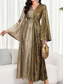 Vestido elegante de tela metálica con detalle de pliegues para baile de graduación y fiesta en otoño e invierno, modesto - Dorado - Ver 1
