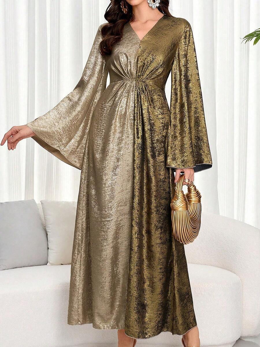 Vestido elegante de tela metálica con detalle de pliegues para baile de graduación y fiesta en otoño e invierno, modesto - Dorado - Ver 1