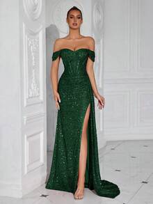 Elisanya Váy dạ hội hở vai xếp ly eo bồng bềnh, xẻ tà phía trước hở lưng, thích hợp cho tiệc khiêu vũ trang trọng - Màu xanh lá cây đậm - Xem 3