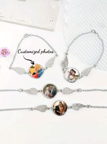 1 Customized Photo Bracelet With Angel Wings - Elegant Personalized Picture Charm Bracelet, Suitable For Women - Alloy Uncoated Jewelry, Suitable For Daily Wear - Unique Gift, Suitable For Girlfriends, Mother's Day, Christmas