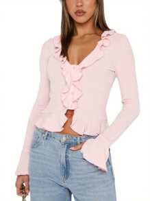 Women Long Sleeve Crop Tops Button Front Ruffle Cardigan Fitted Shirt For Club Streetwear Aesthetic Clothes - Pink - View 7