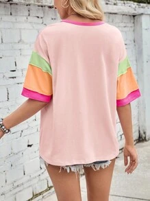 Plus Women's Color Blocked Round Neck T-Shirt - Pink - View 4