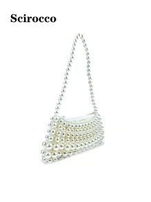 Bolso de mano grande con detalles de perlas y asas, bolso de hombro o de sobaco - Beis - Ver 5