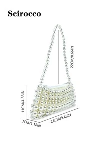 Bolso de mano grande con detalles de perlas y asas, bolso de hombro o de sobaco - Beis - Ver 6