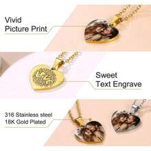 定制心形照片项链，玫瑰花爱心雕刻心形吊坠，优雅简约 18K 镀金不锈钢项链，男士/女士个性化珠宝，适合生日/母亲节/情人节/圣诞节礼物 - 銀色 - 查看 9