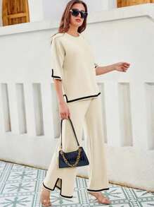 Conjunto de suéter de Punto de 2 Piezas para Mujer,Conjunto de camiseta y pantalón de manga larga con dobladillo acanalado para mujer, Suéter de Punto de Mangas Cortas, sin Botones,Cintura elástica, pantalones de descanso - Albaricoque - Ver 5