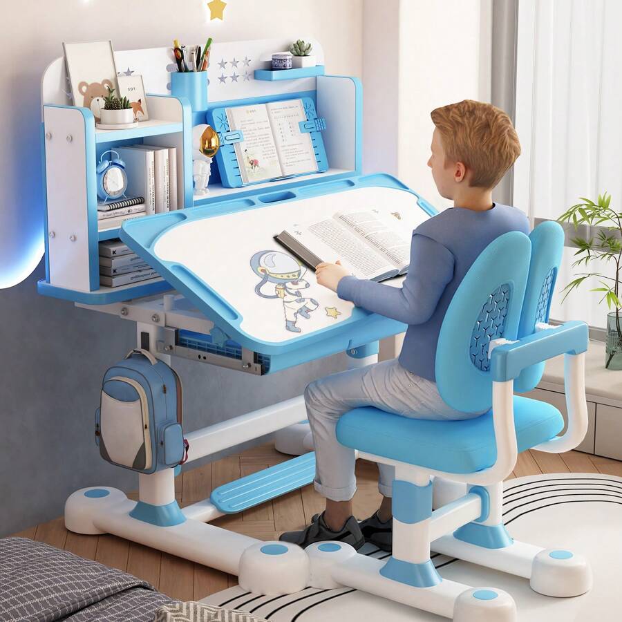 Kids Study Desk & Chair Set, Height Adjustable Children School Study Table Chair Set With Sitting Corrector, Ergonomic Desk Chair With Book Stand, Foot Pedal, Partition Design (Pink, Blue) - Blue - View 1