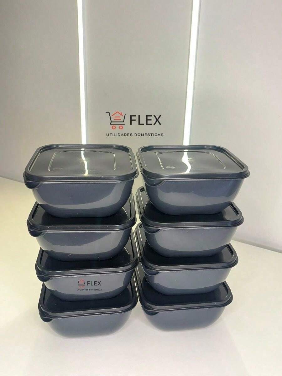 Set Of 8 Plastic Pots - 1 Liter Square - Tapoer - Food Organizer - Microwave And Freezer - Black - View 1
