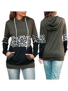 Women Spring Sweatshirt, Leopard Print Splicing Hooded Long Sleeves Pullover With Pockets For Girls, Army Green - Army Green - View 7