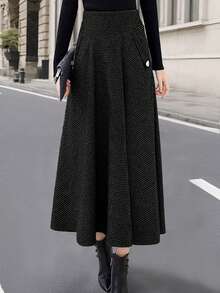 Rok Maxi A-Line Rajut Bertekstur Kasual dengan Saku Kiri & Kanan - Hitam - View 4
