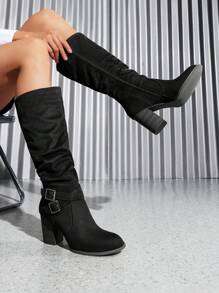 Women's Buckle Knee High Boots Slouchy Chunky Heeled Side Zipper Long Tall Boots Comfortable Fashionable Autumn Fall Boots - 黑色/麂皮 - 查看 2