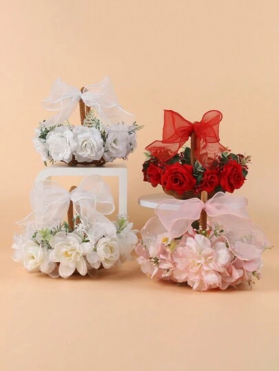 1 件精美蝴蝶结丝带花童篮，适用于婚礼，编织花童花瓣抛篮