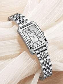 Women's Watches, Minimalist Casual Business Versatile, Roman Numerals High-End Luxury French Vintage Rectangle Stainless Steel Band Quartz Watch, Gift For Girlfriend Or Mother - Silver - View 4