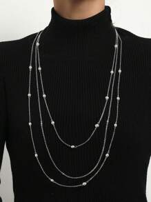 Fashionable And Elegant Long Autumn And Winter Elegant Faux Pearl Layered Women's Necklace, Geometric Sweater Chain Necklace