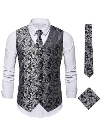 Men's Paisley Flower Print Vest Waistcoat, Sleeveless Formal Suit With Tie & Pocket Square, For Party & Banquet