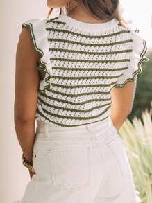 Women's Crochet Striped Knit Vest, Lightweight Round Neck Ruffle Trim Short Sleeve Top - Multicolor - View 7