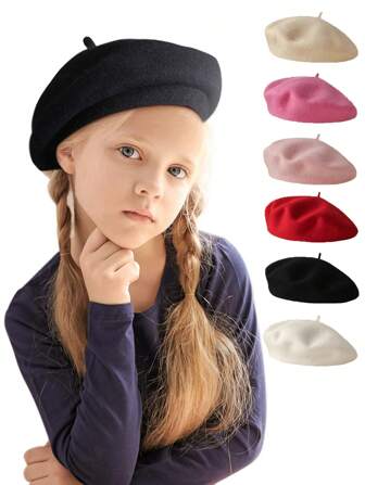 1pc 女童纯色5-12岁百搭装饰保暖贝雷帽春秋季节外出游玩旅游拍照戴