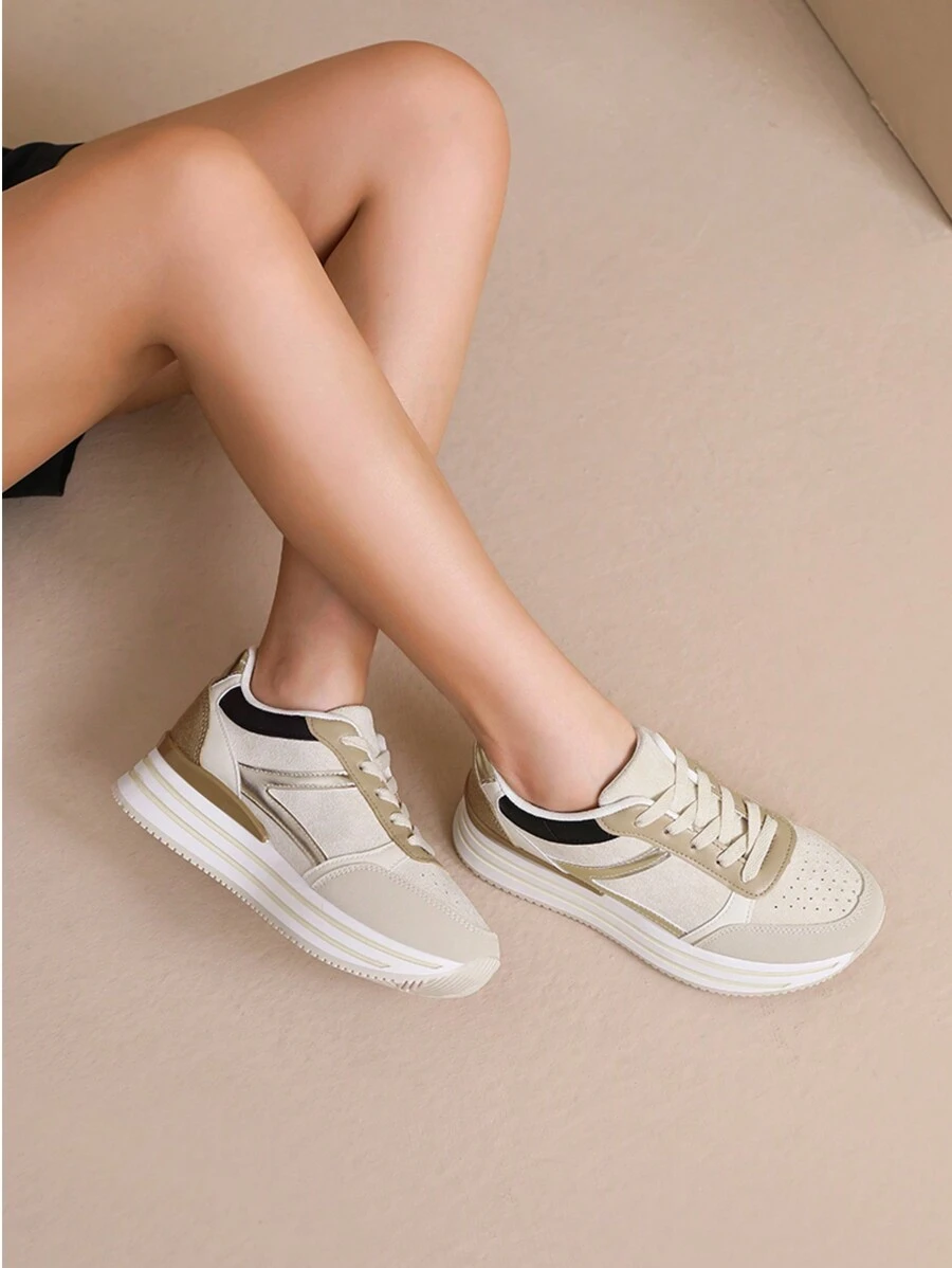 Sneaker con zeppa e allacciatura alla moda per donne - Beige - Visualizzare 1